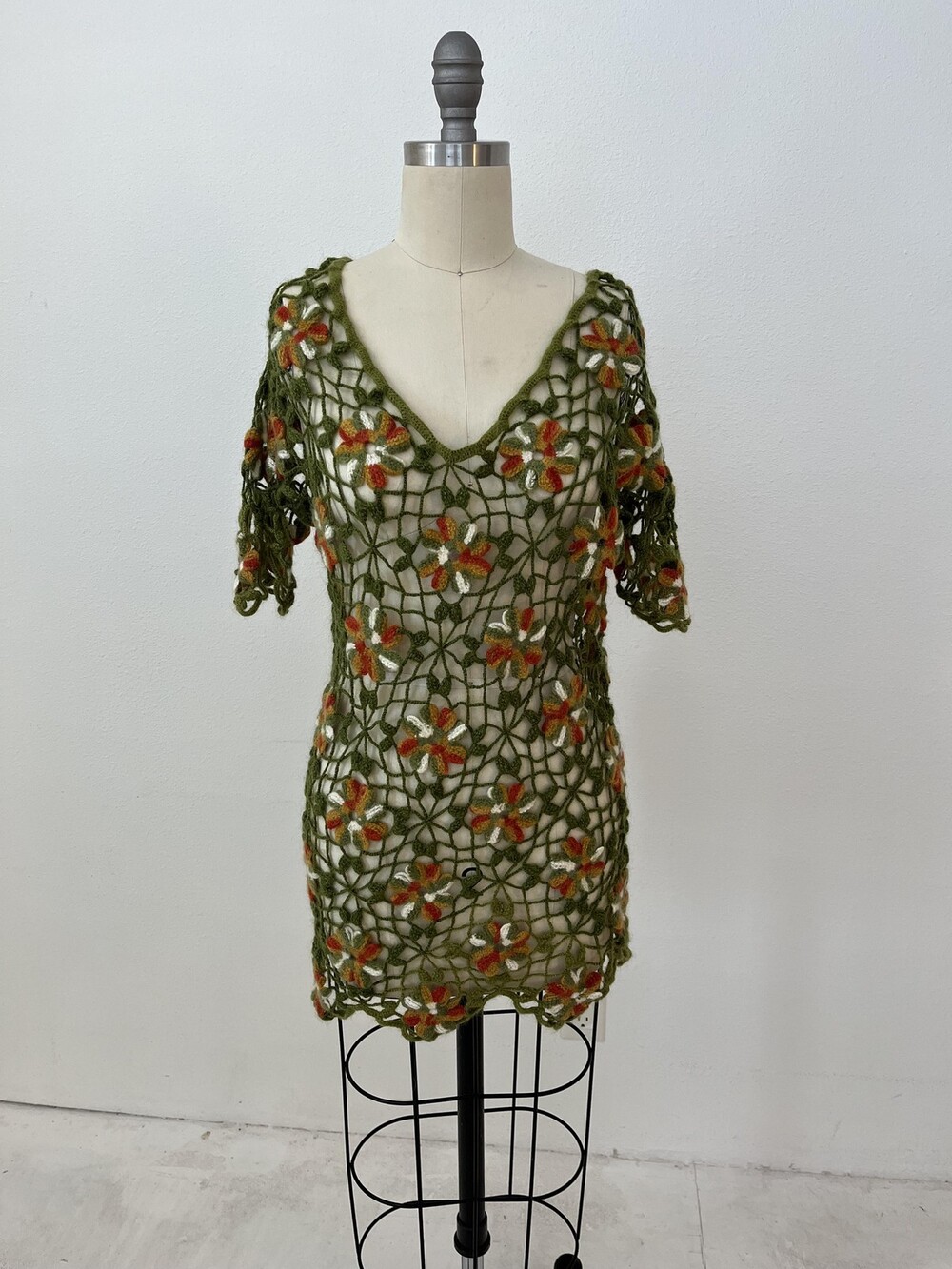 Vintage 60s 70s Crochet Tunic Coverup Micro Dress Floral Sm Med Lace Sweater